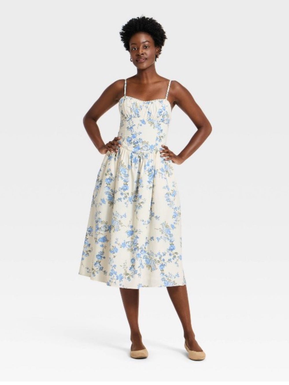 Target Cream Midi Dress with Blue Floral Print